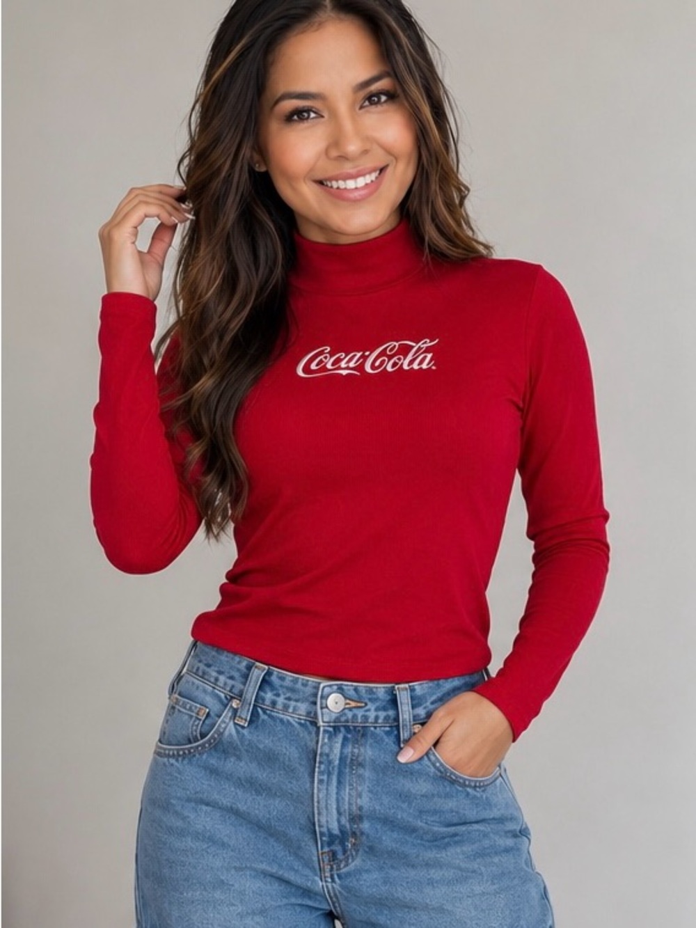 Red Coca-Cola Long-Sleeve Mock Neck Blouse M  (New without tags).